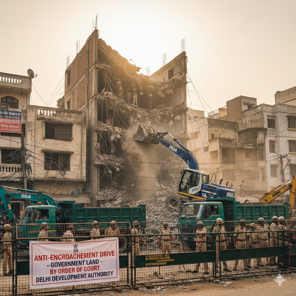 DDA’s Bulldozer on Illegal Construction: Two-Way Action Following Court Clearance and Anti-Encroachment Drive on Government Land in Delhi