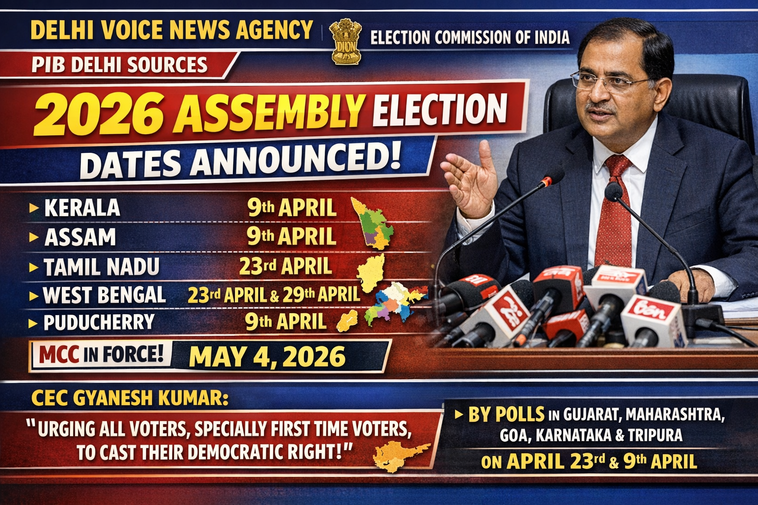 Election Commission of India Announces 2026 Assembly Election Dates for Assam, Kerala, Tamil Nadu, West Bengal and Puducherry