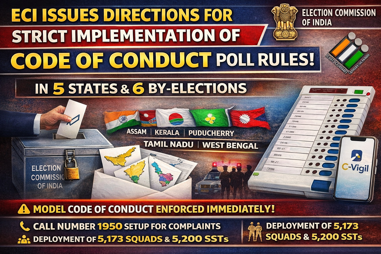ECI issues directions for strict implementation of Model Code of Conduct for the general elections in 5 States/UT and bye-elections in 6 States