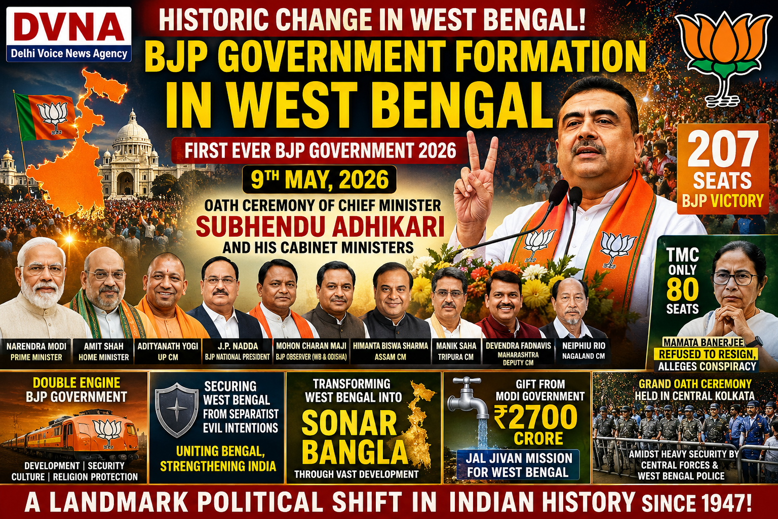 Historic Political Shift in West Bengal: Suvendu Adhikari Takes Oath as BJP Forms First-Ever Government in State